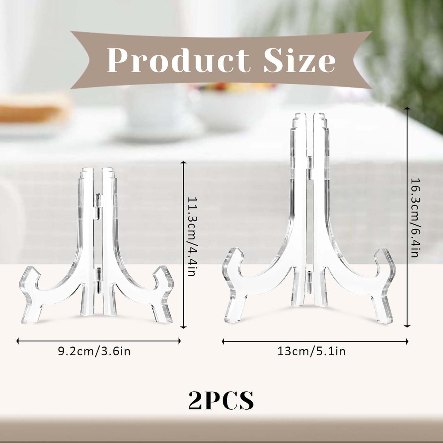 2 Pieces Plate Stand, 4.4/6.4 Inch Clear Acrylic Easels Display Stands, Plate Display Stands, Display Holder for Frame Picture Magazine Book CD Phone