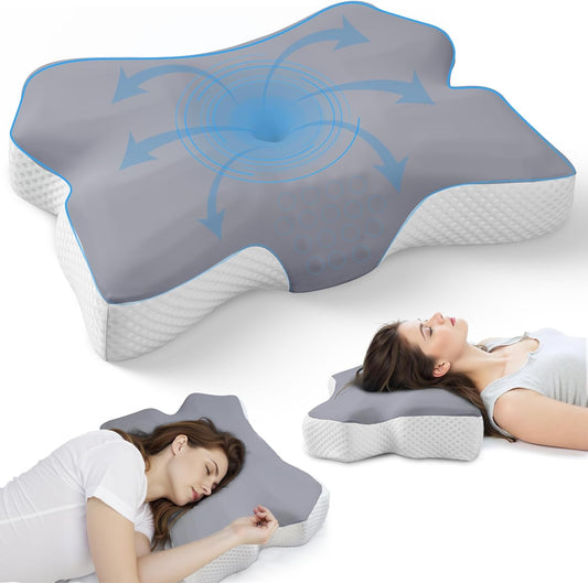 Cervical Neck Pillow for Pain Relief, Ergonomic Neck Support Pillow for Side Sleeper, Contour Memory Foam Pillows with Cooling Pillowcase Orthopedic Bed Pillow for Back Stomach Sleepers, Grey