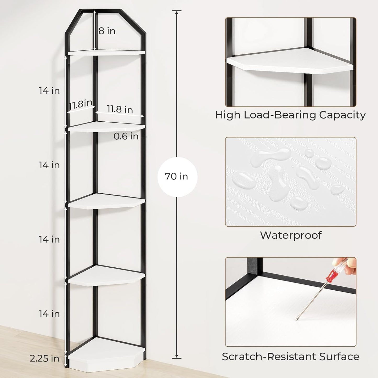 5 Tier Corner Wall Shelf Stand, 70" Metal Corner Shelves Bookshelf Display Shelf for Living Room Decor, Tall Plant Stand Multi Unit Organizer, Standing Shelf for Bedroom,Bathroom,Small Space (White)