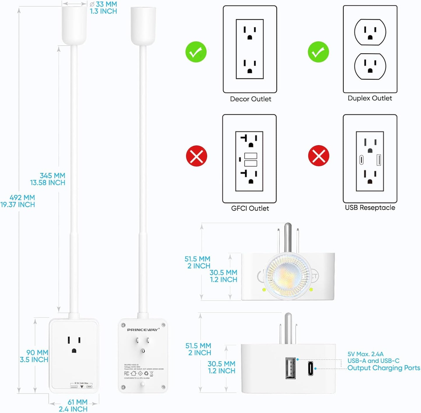 Plug in LED Book Reading Spot Light, White Dimmable Wall Sconce Lamp with Power Plug and Outlet Extender for Kitchen Bedroom Living Room, 3 Lighting Colors, USB Output Charging Ports