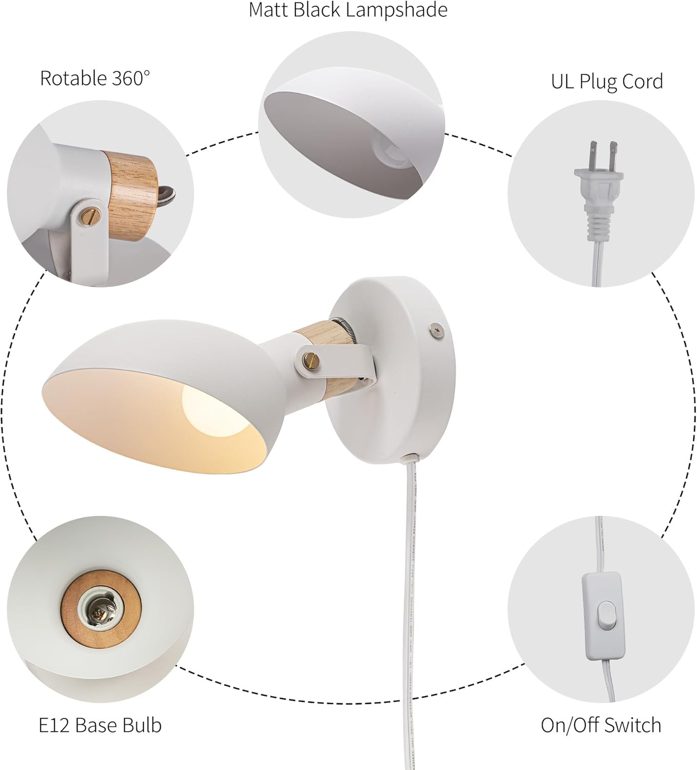 Aisilan Modern Wall Sconce with Plug in Cord and On Off Switch 5W E12 Bulb Matte White Swivel Wall Light for Bedside Living Room Corridor Hotel 3000k White