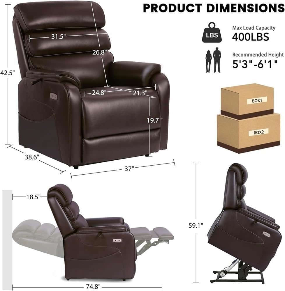 Power Lift Recliner Chair Wide Lay Flat Electric Lift Chair for Elderly Oversized Leather Recliner Sofa with Heat Massage Charging Ports Heavy Duty Power Recliner for Adults