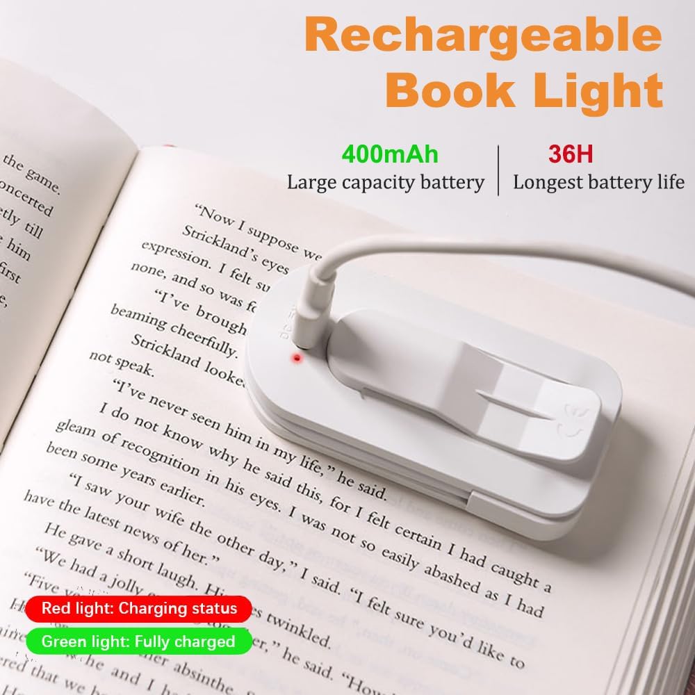Book Light, Rechargeable Mini Clip on Reading Light with 3 Colors & Foldable Hose, Dimmable LED Book Night Light for Reading in Bed at Night, Gifts for Readers Book Lovers Women Men Kids (White)