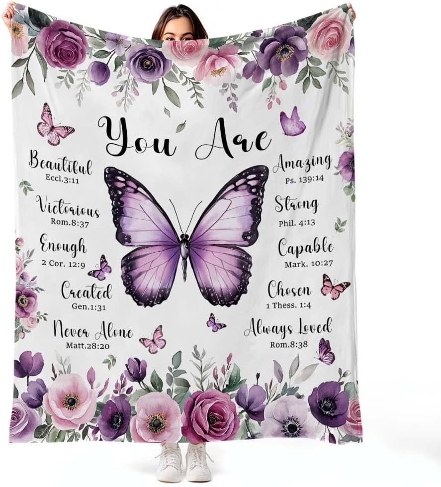 MASLEK Purple Butterfly Floral Blanket Soft Flannel Throw with Inspirational Quote Cozy Gift for Women Girls Bedroom Living Room Home, 50x60 Inch