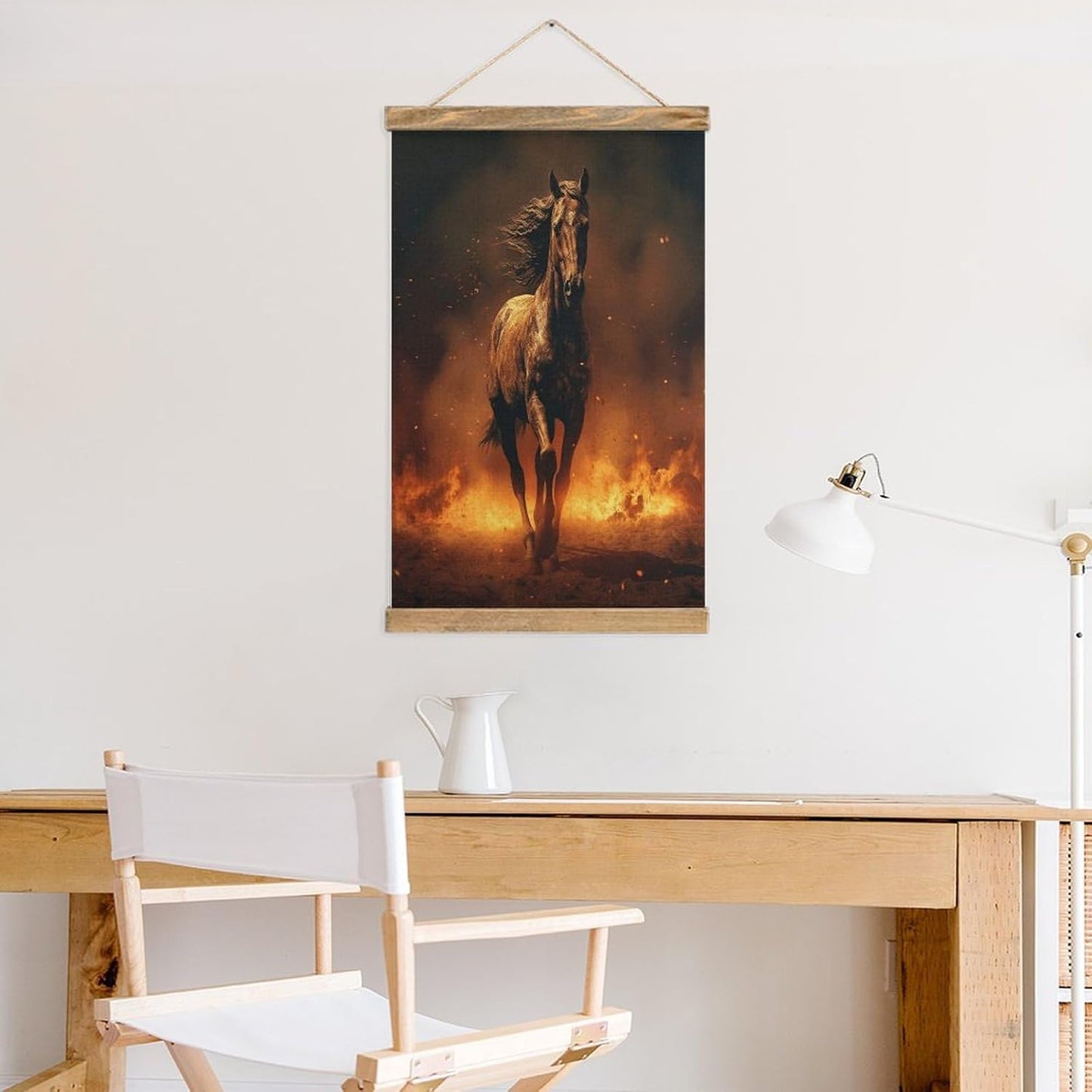 Vintage Flame Horse Poster with Wooden Frame Personalized Linen Hanging Scroll Painting Rustic Wall Hanging Illustrative Modern Artwork Decor for Home Living Room Bedroom Office