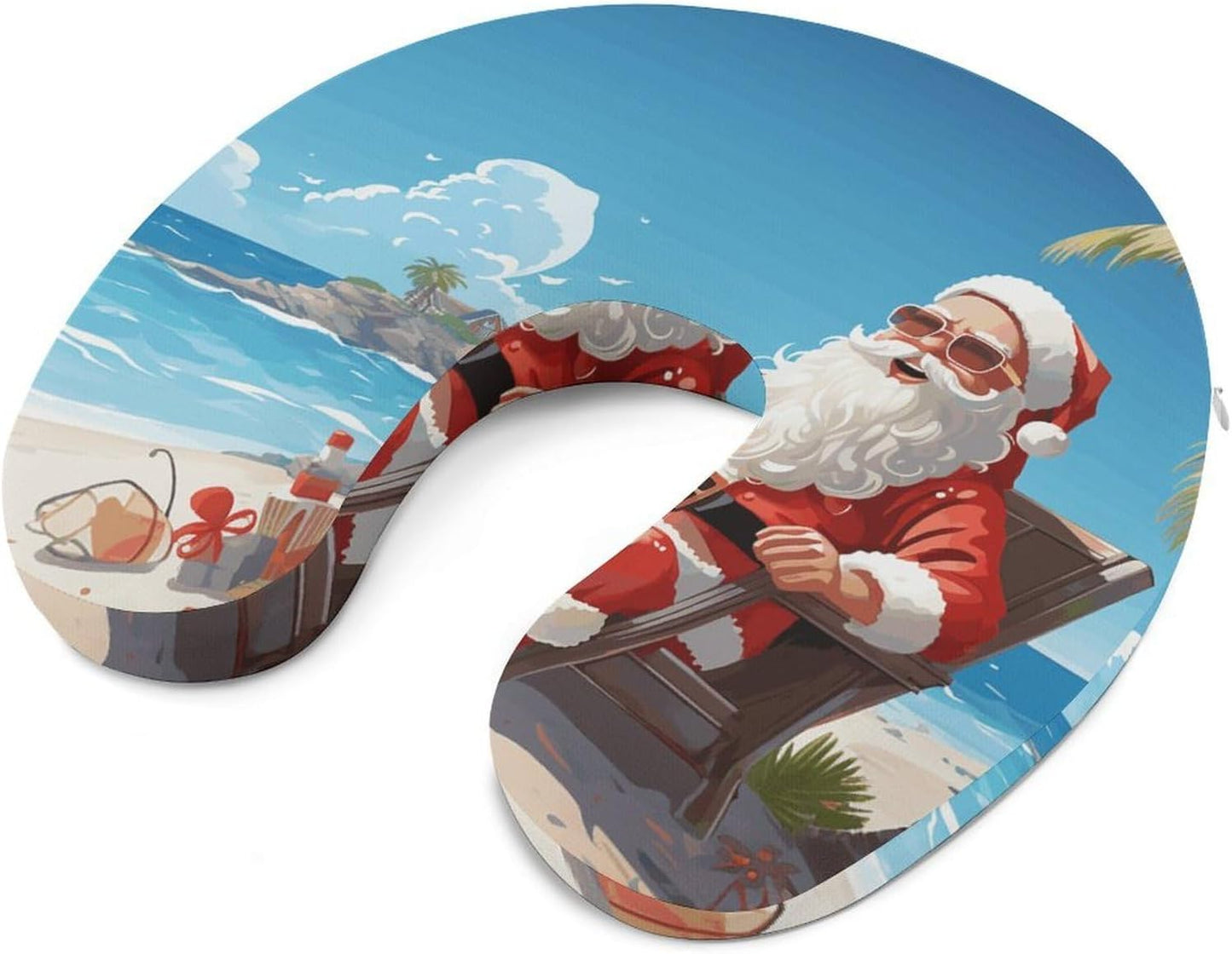 Santa Claus at Beach Neck Pillow Memory Foam U Shaped Pillows Portable Pillows for Shoulder Travel Head Support Pillow with Concealed Zipper for Airplane Car Home Office