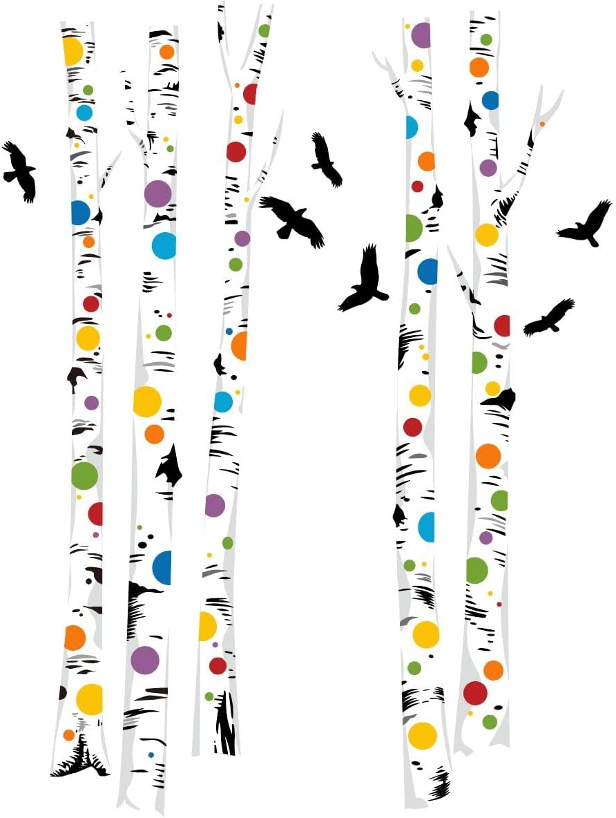 Birch Tree Wall Decals – Colorful Polka Dot Birch Tree Stickers for Aisle Bedroom Office Sofa TV Backdrop, Removable Peel and Stick Decal, Easy DIY Home Décor (5 Trees, H63)