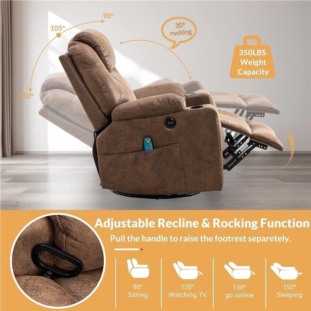 Brown Swivel Glider Recliner Chair for Adults with Heated Massage, Remote Control, Ergonomic Lounge Support, Cup Holders, Rocking and Swivel Function, Living Room Recliner Sofa