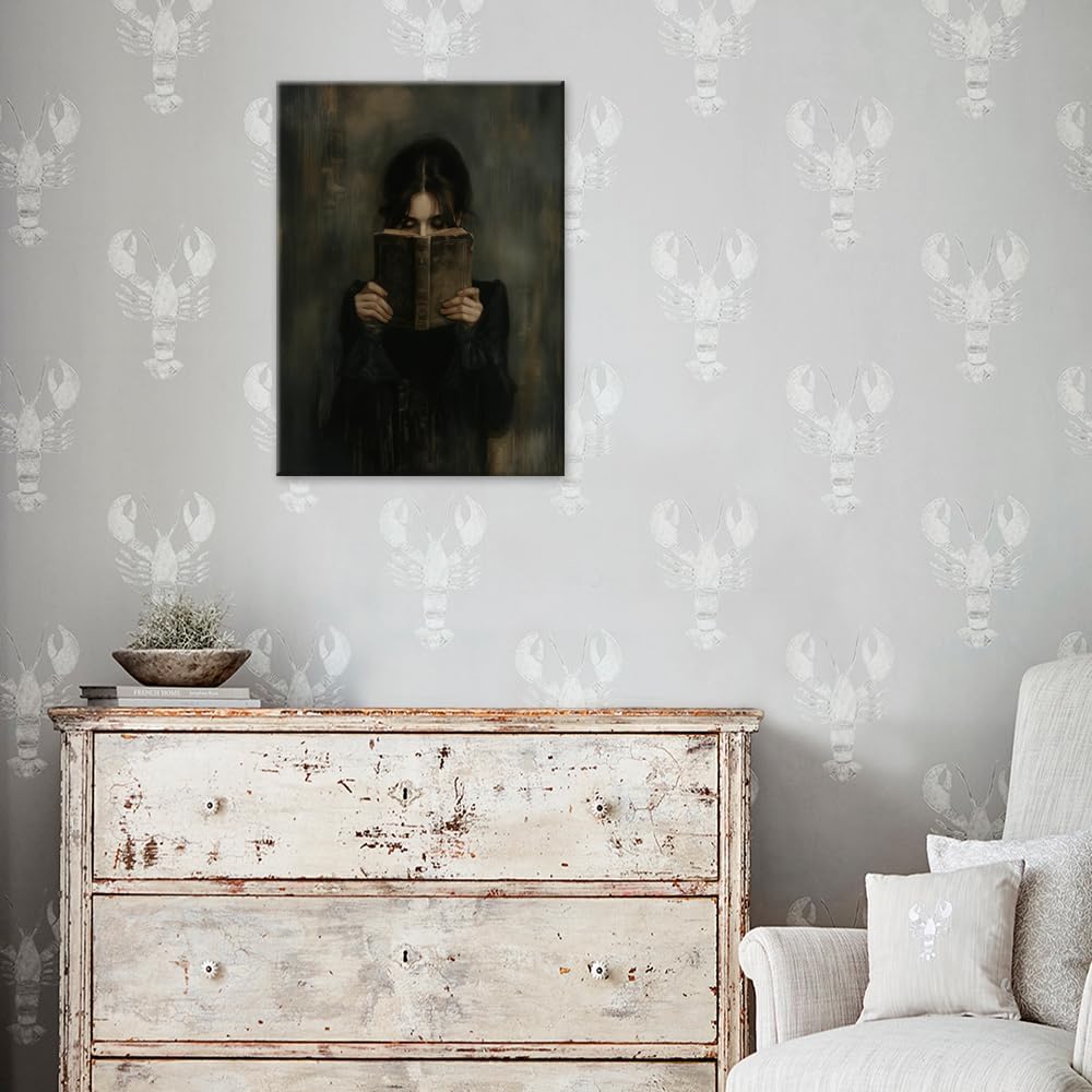 vintage Victorian Woman Reading Book Poster Print wall art Dark Academia Aesthetic Moody reading Wall Decor for Library book nook decor 08x10in Wrapped Canvas