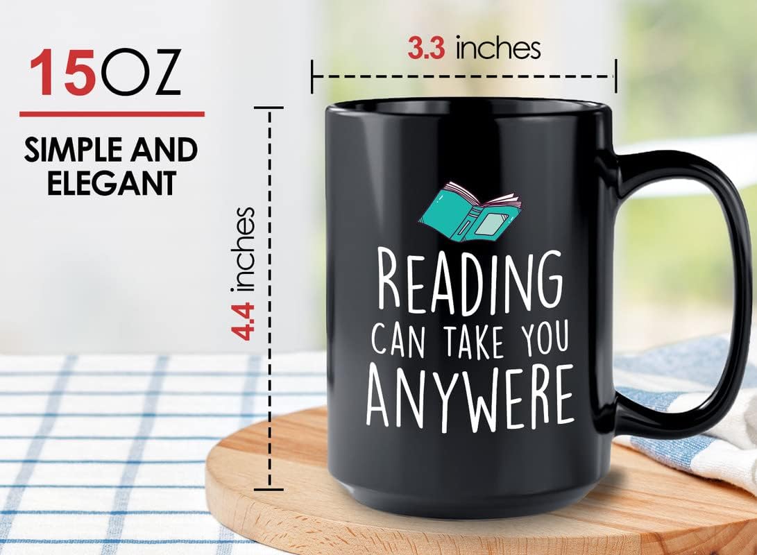 Book Lover Coffee Mug 15oz Black - Reading can take you anywhere - The Perfect Gifts for Book Lovers Literary Gifts Ideas