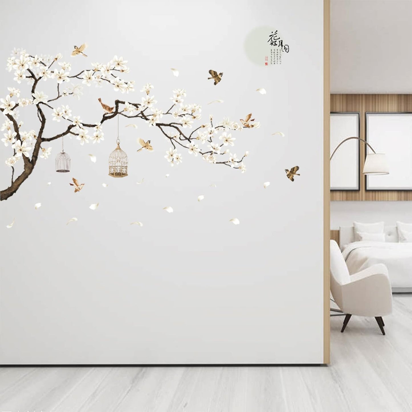 Large Chinese Wall Decals Cherry Blossom Tree 3D Tree Wall Stickers Peel and Stick Wall Decor DIY Flower Wall Murals for Bedroom Living Room Baby Nursery Rooms