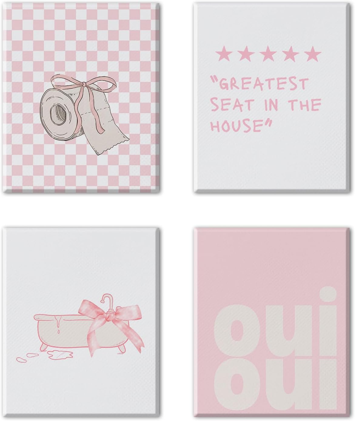 JINYO Coquette Pink Bow Trendy Bathroom Canvas Wall Art Framed Set of 4, Preppy Girly Aesthetic Pink Wall Decor Posters Pictures for Girls Bathroom Washroom Restroom, 8x10inch