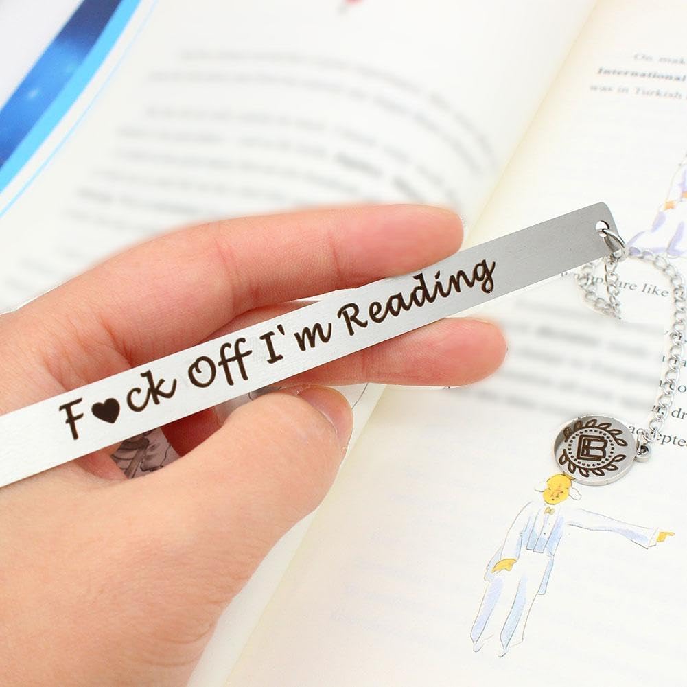 Stainless Steel Leaf Pendant Book Mark,Funny Inspirational Bookmark for Book Lovers Reader Gifts,2024 New Metal Bookmark Gift,Engraved Fuck Off Mark,Book Covers and Book Accessories (Silver)