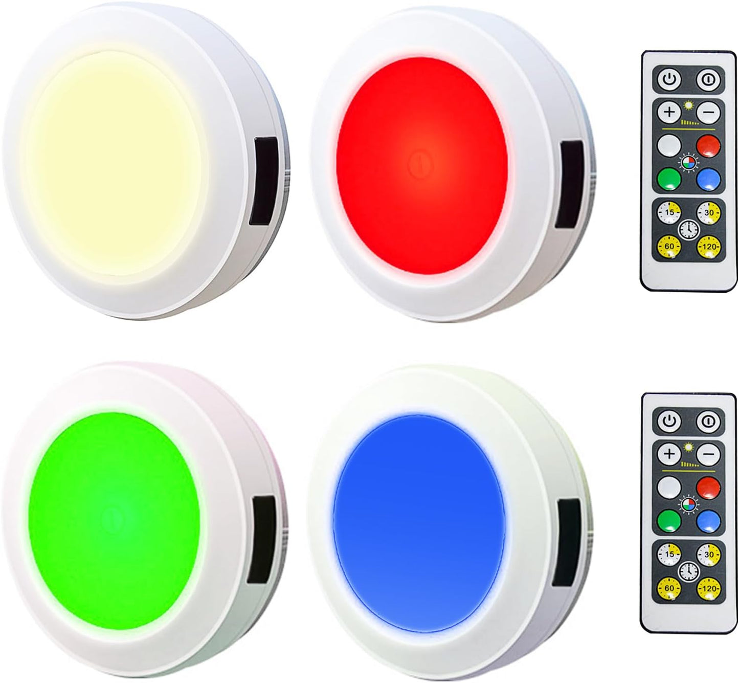 HONWELL Push Light, LED Puck Lights with Remote, Battery Operated RGB Fairy Lights Wireless Touch Tap Light Dimmable Closet Cabinet Lighting for Stick Voice Level Classroom