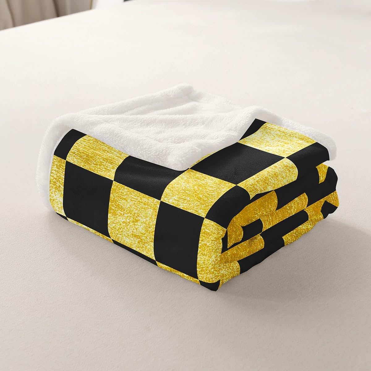 Feelyou Checkered Retro Throw Blanket Golden Black Plaid Soft Fleece Sherpa Cozy Fuzzy Plush Warm Geometric Vintage Fuzzy Plush Throw Modern Simple Groovy Aesthetic 40"x50" for Bed Couch Living Room