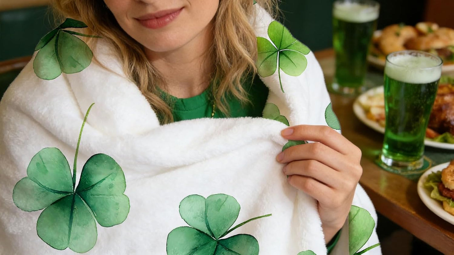 St Patricks Day Throw Blanket Watercolor Shamrock Green Clover Irish Soft Cozy Flannel Blankets for Bed Sofa Couch Chair Home Decorations 50 x 60 Inch