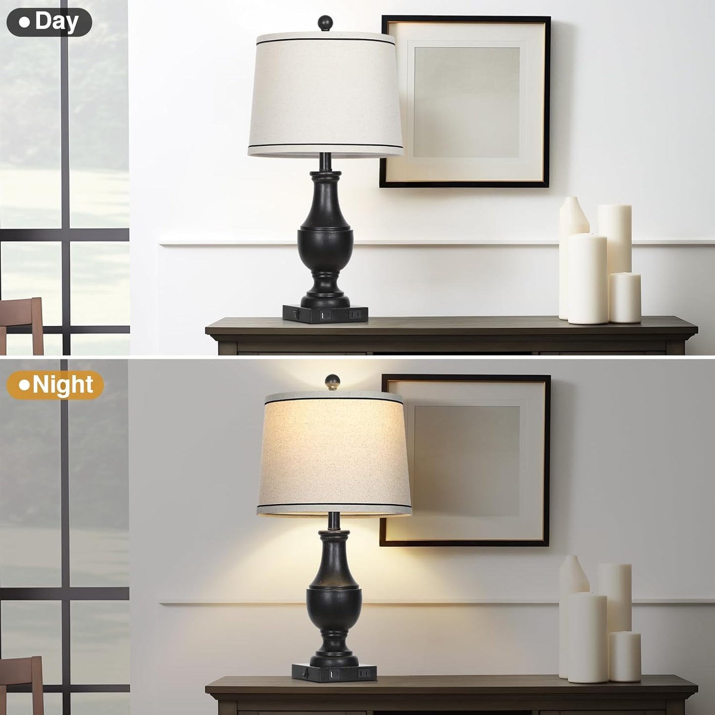 Table Lamps for Living Room Set of 2, Farmhouse Vintage Table Lamp with USB A+C Charging Ports & AC Outlet, 25" Black Rustic Traditional Lamps for Bedroom Nightstand Desk(2 LED Bulbs Included)