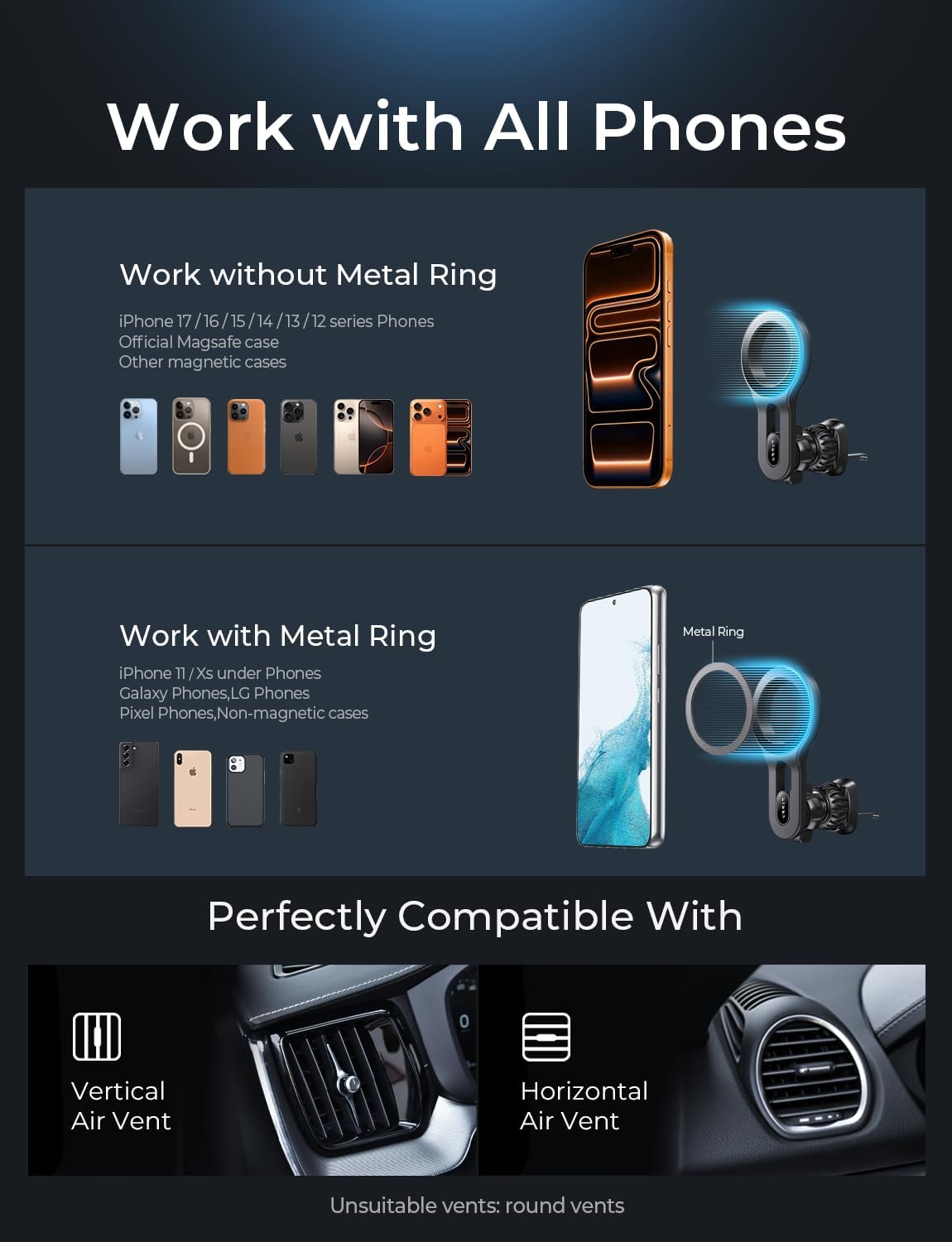 LISEN for MagSafe Car Mount, 2026 Magnetic Phone Holders for Car Air Vent Phone Mount [Ultra-Magnetic] Hands Free Cell Phone Holder Car Accessories Gifts for Men Women fit iPhone 17 16 15 14 13 12 Pro