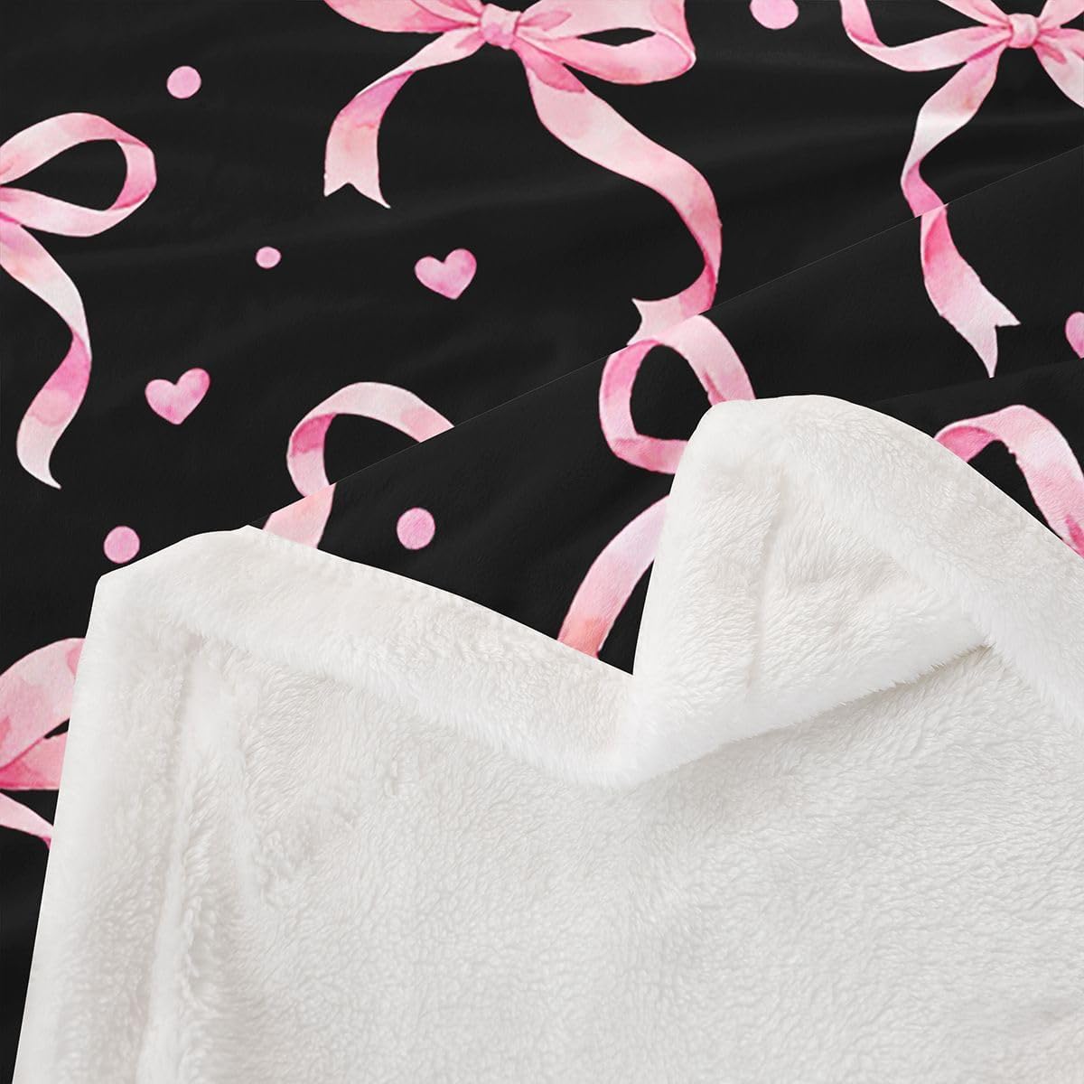 Feelyou Black Pink Bow Sherpa Throw Blanket for Couch Cute Bowknot Super Soft Cozy Fleece Kawaii Blanket for Winter, Plush Throw Heart Pattern Baby 30"x40" All Season