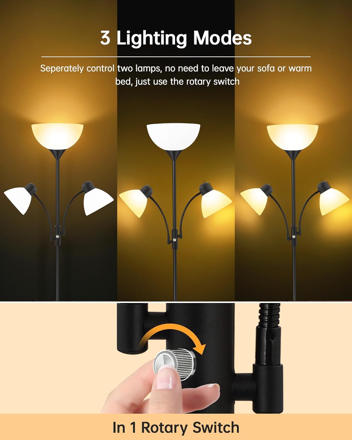 Floor Lamp, Torchiere Floor Lamps for Living Room, 71 Inch Tall Standing Lamp, Bedroom Lamps with Reading Light, Rotary Switch, 3 Plastic Lampshade, Torch Floor lamps for Bedroom (Black, No Bulb)