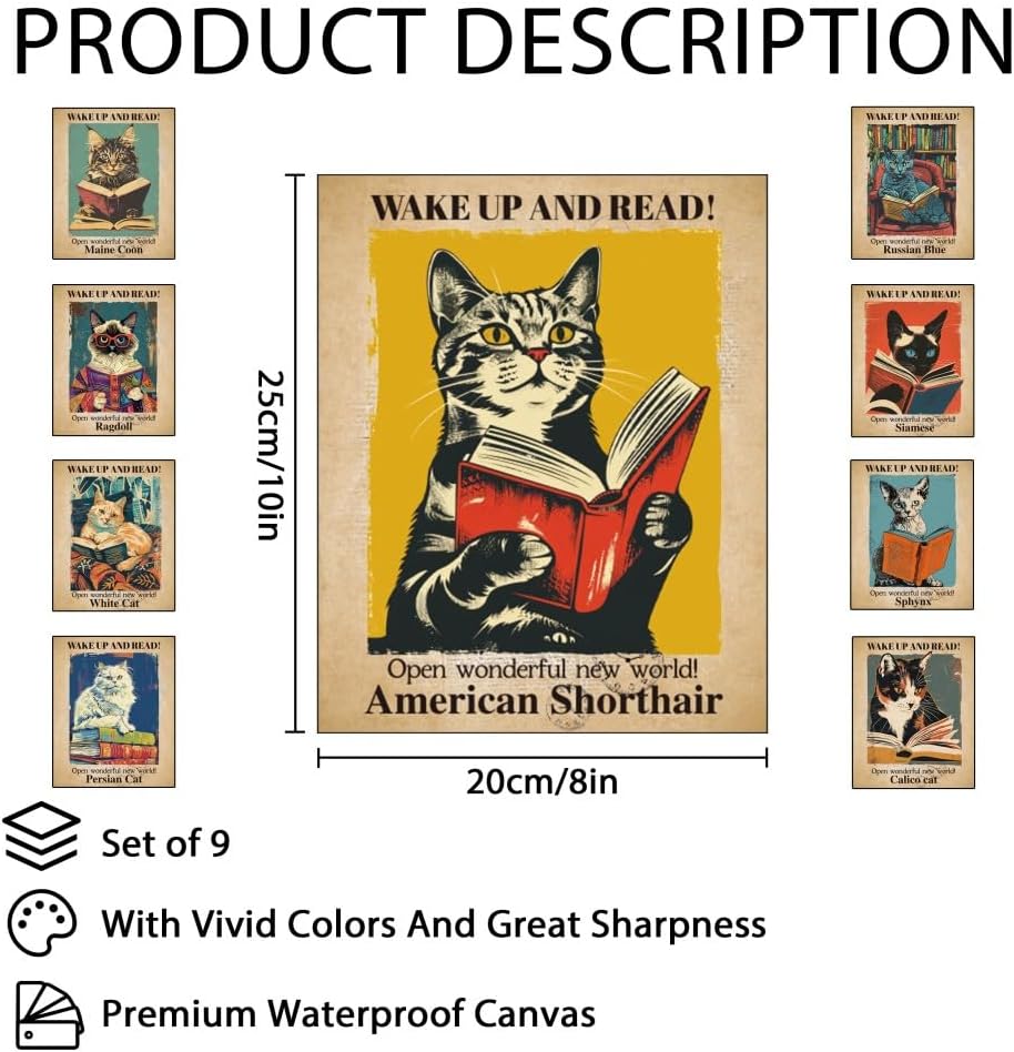 CRAFTYMELODY Cat Reading Wall Art Prints Set of 9 Vintage Book Theme Poster Wall Decor Home Artworks for Gallery Living Dining Room Bedroom Bathroom Home Decoration 8x10 Inch Unframed