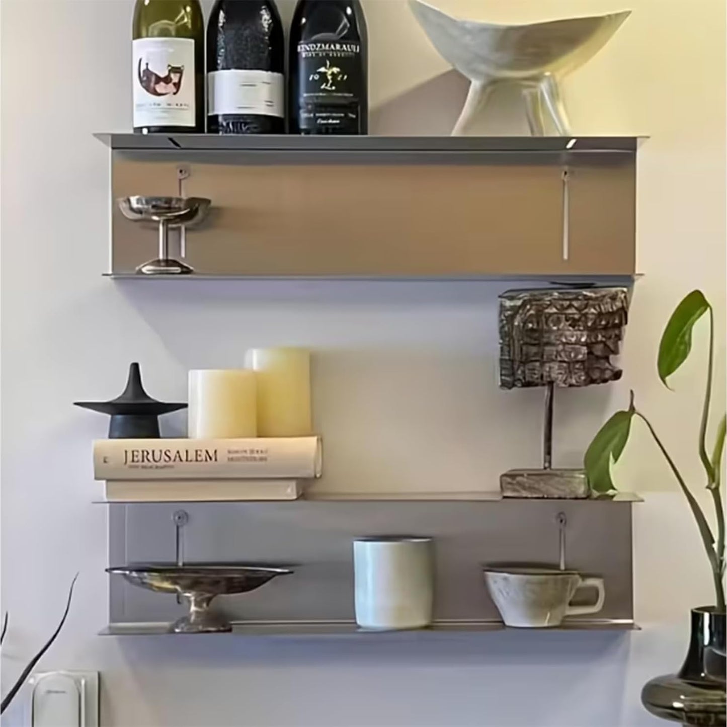 Stainless Steel Floating Shelf Picture Ledge, 23.6 Inch Wall Mounted Display Shelf with Back Guard, Heavy Duty Bathroom & Kitchen Wall Shelf for Decor, Books, Plants and Storage