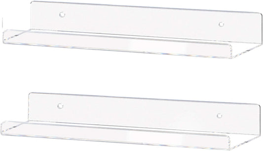 Weiai Clear Acrylic Shelf 15" Invisible Floating Wall Ledge Bookshelf, Kids Book Display Shelves Wall Mounted (15 Inch 2Pack)