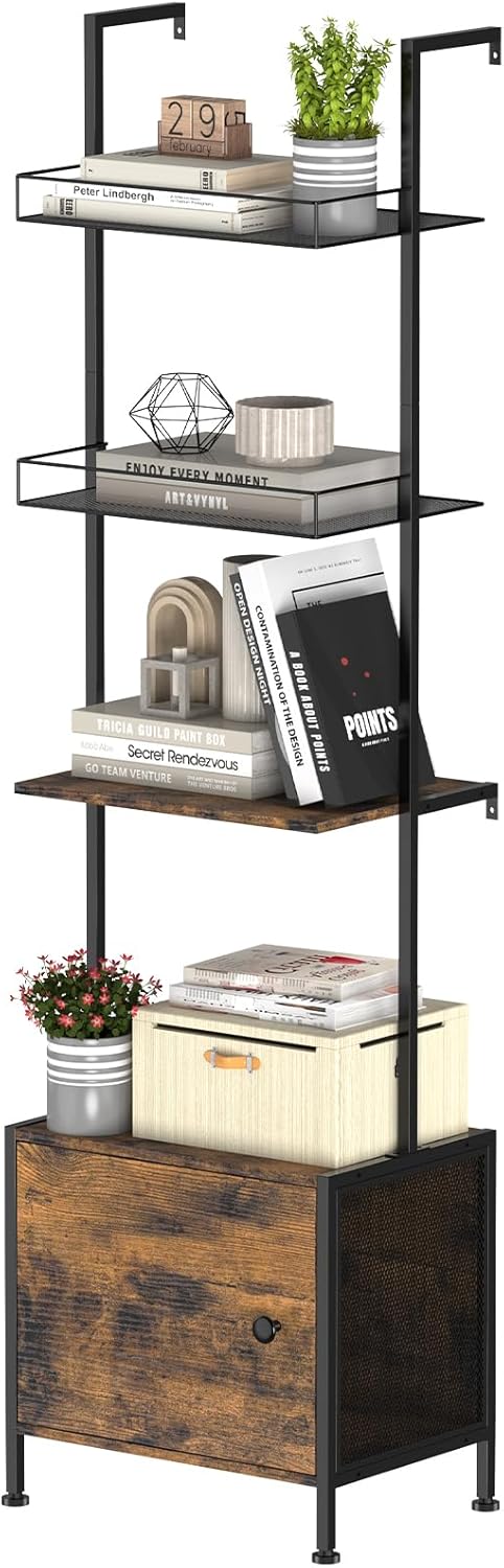Shinoske Ladder Bookshelf,5 Tier Book Shelf with Storage Cabinet,Wall Mounted Industrial Bookcase for Small Space,Metal Frame,Tall Display Shelf for Living Room,Corner,Bedroom,Office,Brown