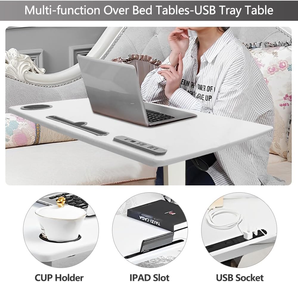 Overbed Table,Hospital Bed Table,Pneumatic Bedside Table Adjustable Over The Bed with Hidden Wheels&USB,Mobile Laptop Cart&Rolling Tray Table Hospital Home Use-White1
