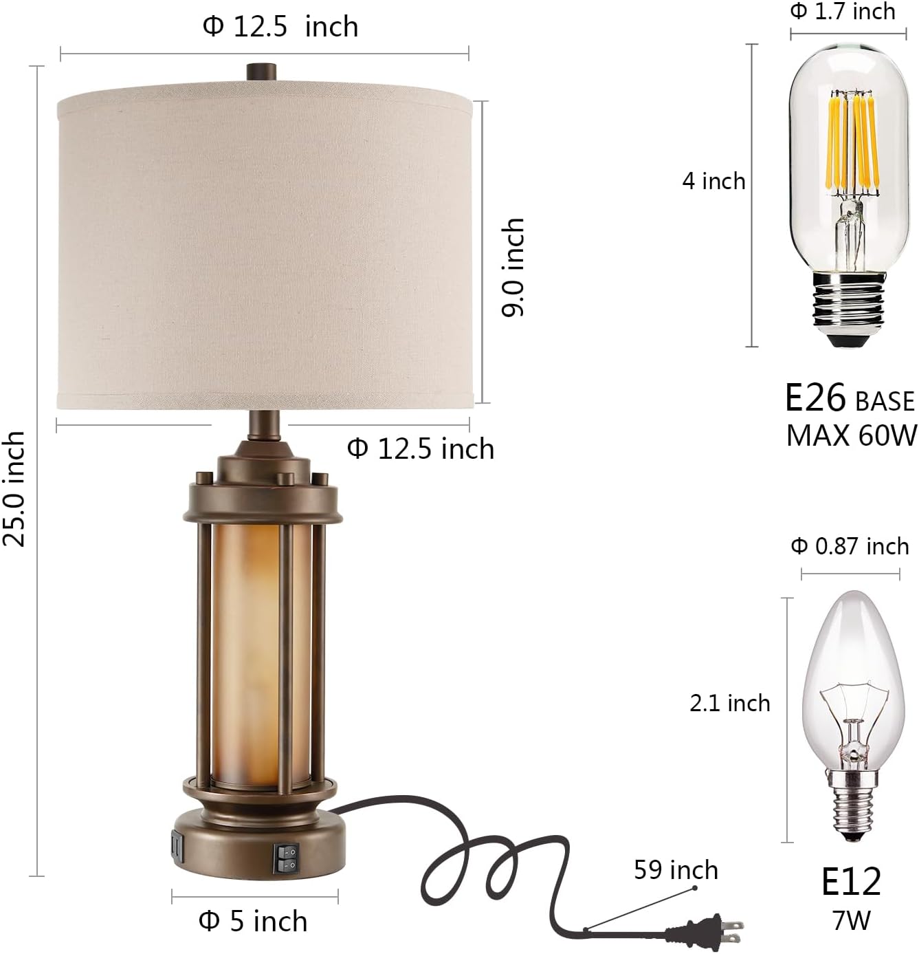 Set of 2 Farmhouse Table Lamps for Living Room, Rustic Vintage Bedside Lamps with 2 USB Ports, Bedroom Nightstand Lamp with Amber Glass Nightlight for End Table Entryway, 4 Bulbs Includes