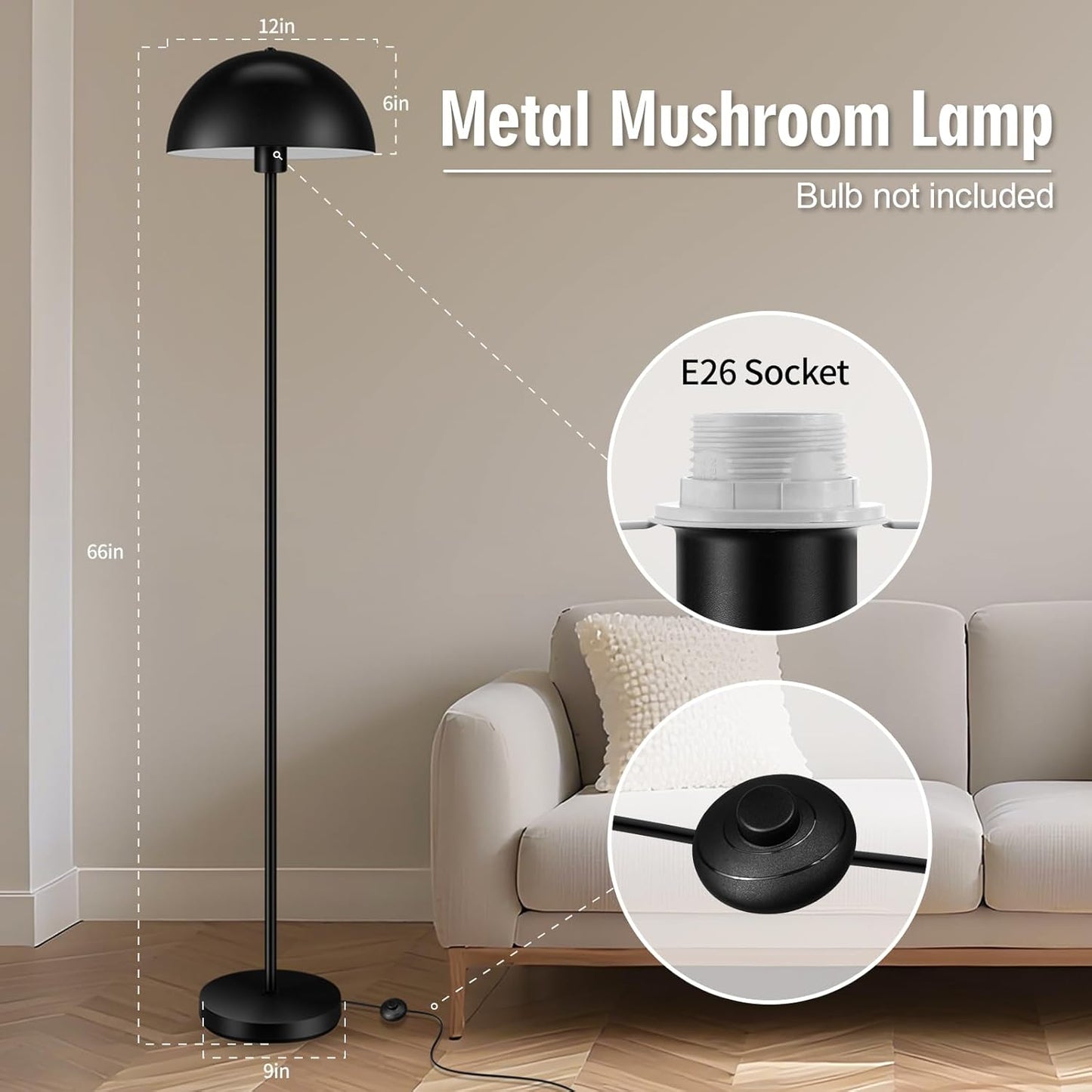 Industrial Floor Lamp, Floor Lamp for Living Room, 66Inch Tall Modern Standing Lamp, Black Stand Up Lamp with Metal Dome Shade, Mid Century Corner Reading Lamp for Bedroom Office Nursery Room, NO BULB