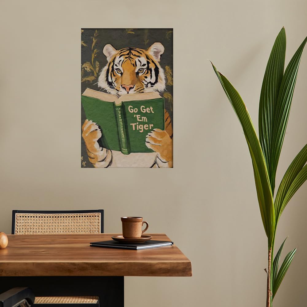 Funny Tiger Reading Green Book Canvas Poster Go Get Em Animal Print Painting Vintage Motivational Wall Art Humorous Bookworm Aesthetic Pictures Decor for Study Library Office 12x16inch Unframed