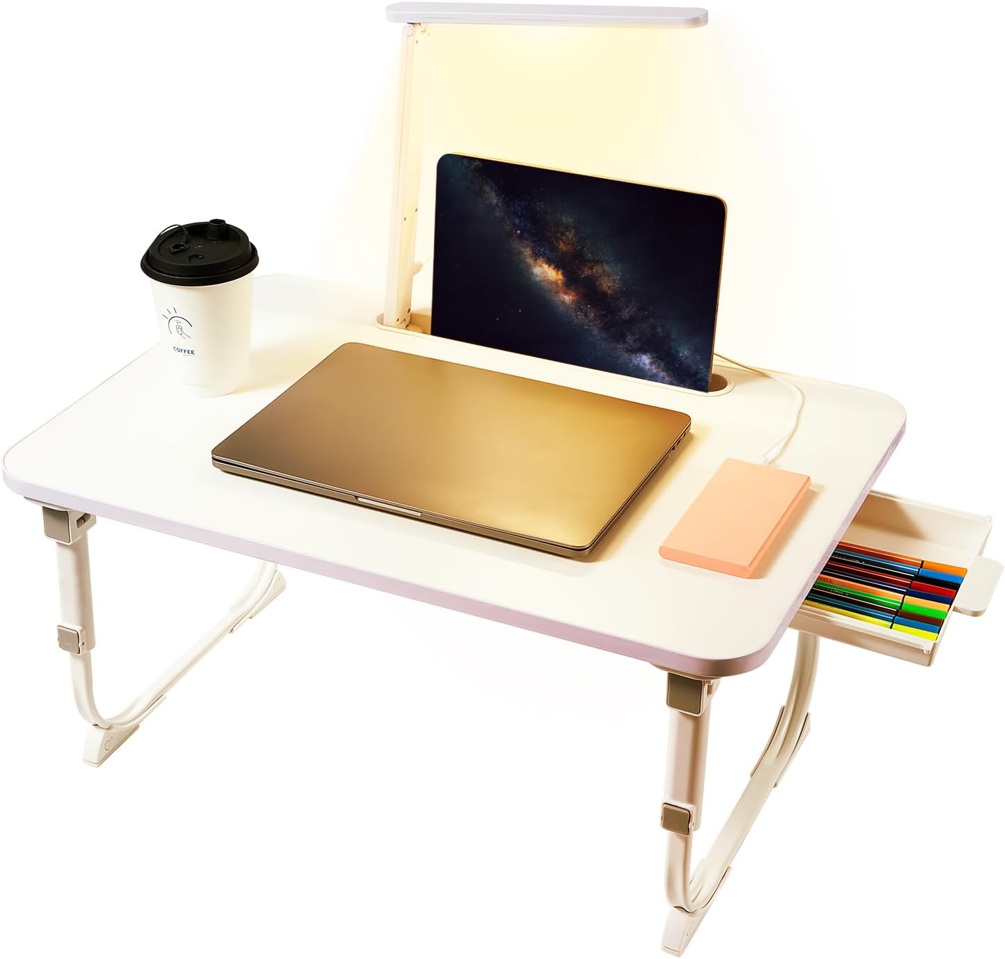 Laptop Desk for Bed Lap Desk with LED Desk Light, Adjustable Tablet Bed Table with Foldable Legs Storage Drawer, Breakfast Serving Tray Folding Laptop Stand Reading Holder for Sofa Couch Floor (WHITE)