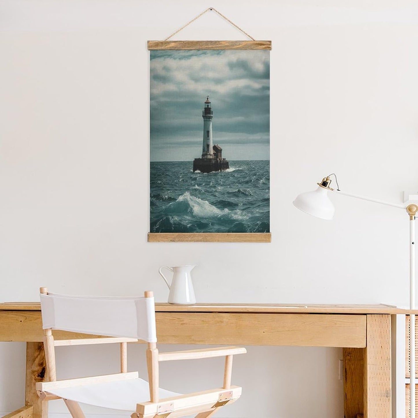 Vintage Lighthouse Ocean Poster with Wooden Frame Personalized Linen Hanging Scroll Painting Rustic Wall Hanging Illustrative Modern Artwork Decor for Home Living Room Bedroom Office