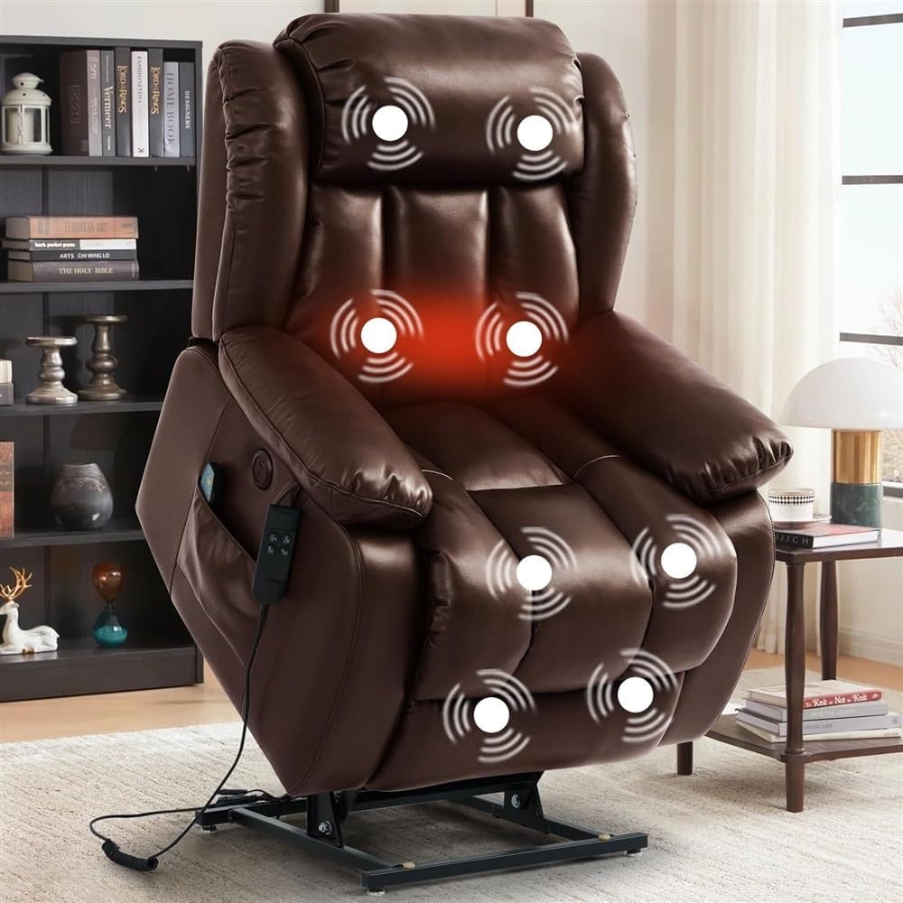 Large Power Lift Recliner Chair with Massage & Heat for Elderly, Heavy Duty Electric Recliner with USB Ports, Remote Control & Motor, Leather Upholstery for Living Room