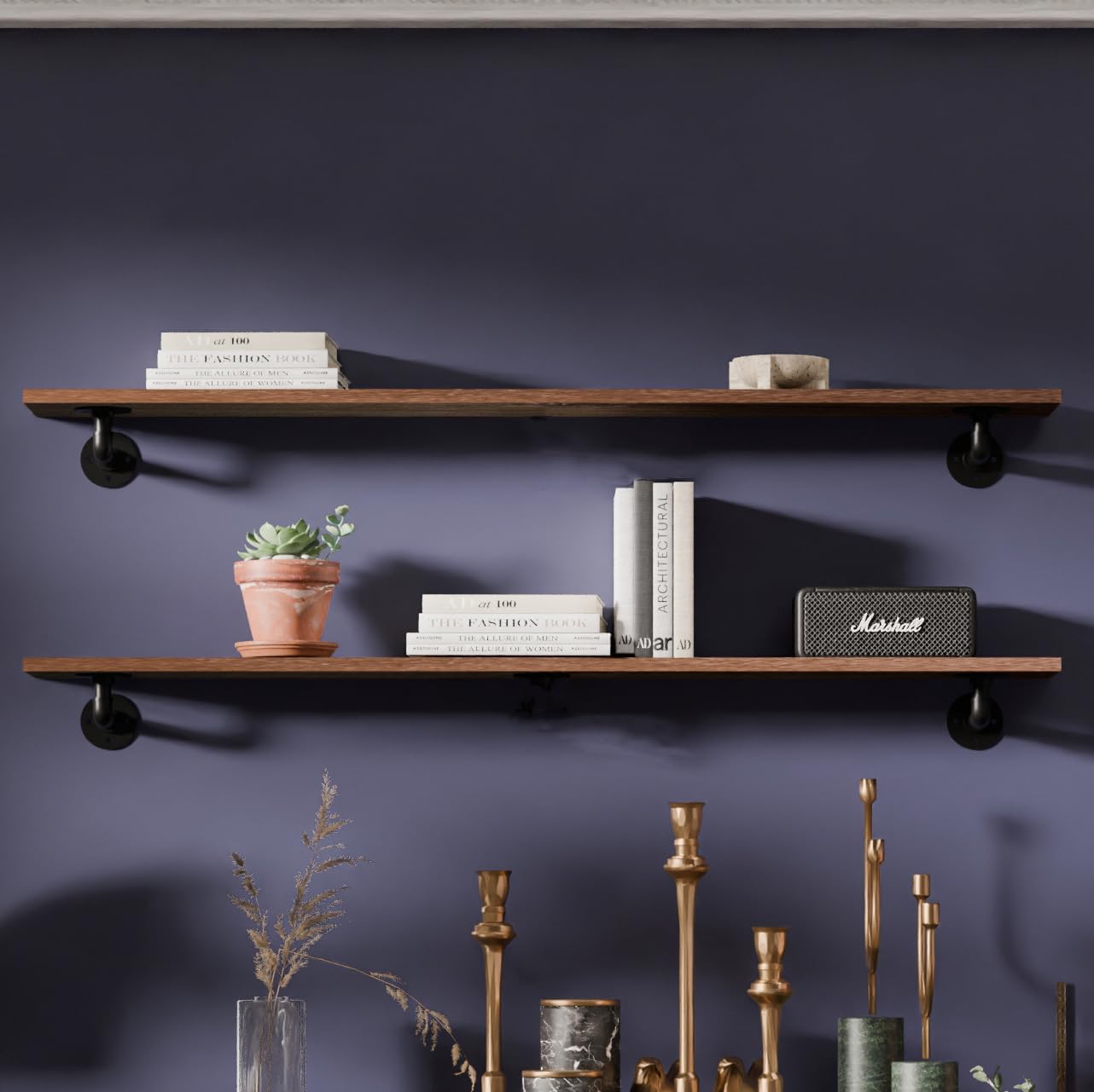 IEO Industrial Pipe Shelving Shelf,Pipe Wall Shelves Wood Shelf:Kitchen Shelves, 48 Inches Wood Long Floating Shelves for Wall Farmhouse Pipe Book Shelves Walnut for Decor and Bar Shelving