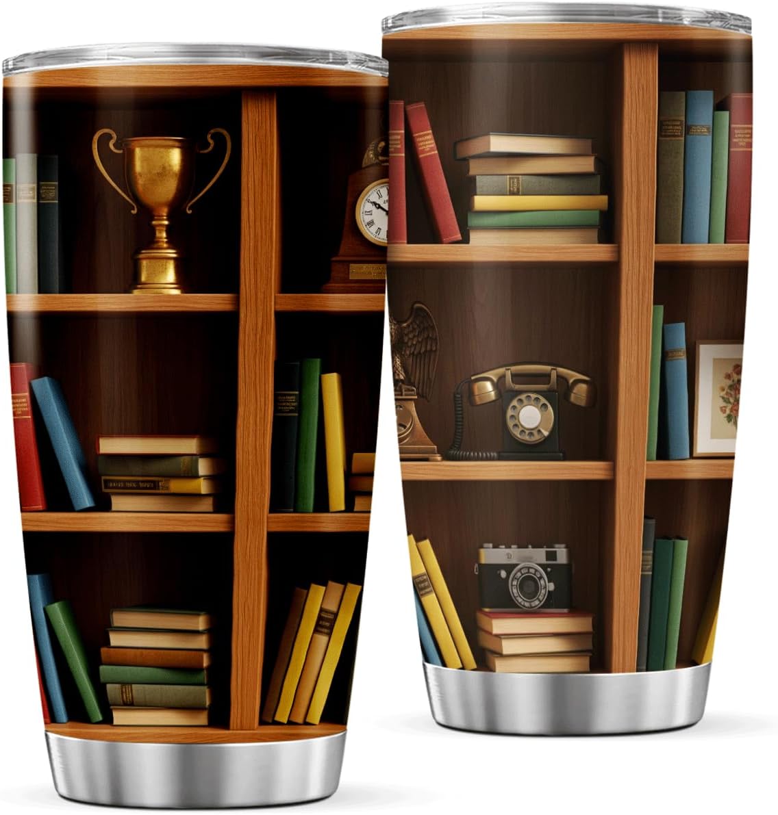 CUBICER Bookshelf Design Stainless Steel Tumbler 20 Oz For Book Lovers Teachers Librarians And Writers Gift Reading Enthusiasts Heat Coffee Iced Insulated Hot Cool Travel