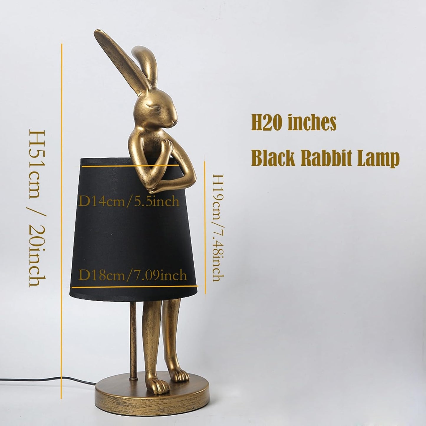 Bunny Table Lamp, Resin Rabbit Lamp, H20inch, LED Bunny Lamp with Black Fabric Shade, Vintage-Style Component,Suitable for Office Study,Bedside (Black H20)