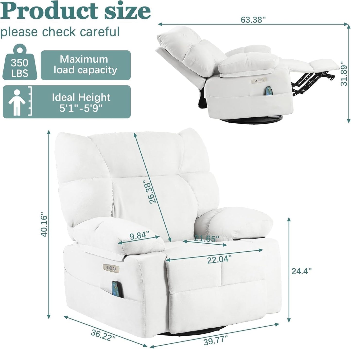 Power Recliner Chair with Massage and Lumbar Heating Adjustable Single Sofa with Remote Control Overstuffed Ergonomic Lounge Chairs for Living Room and Bedroom