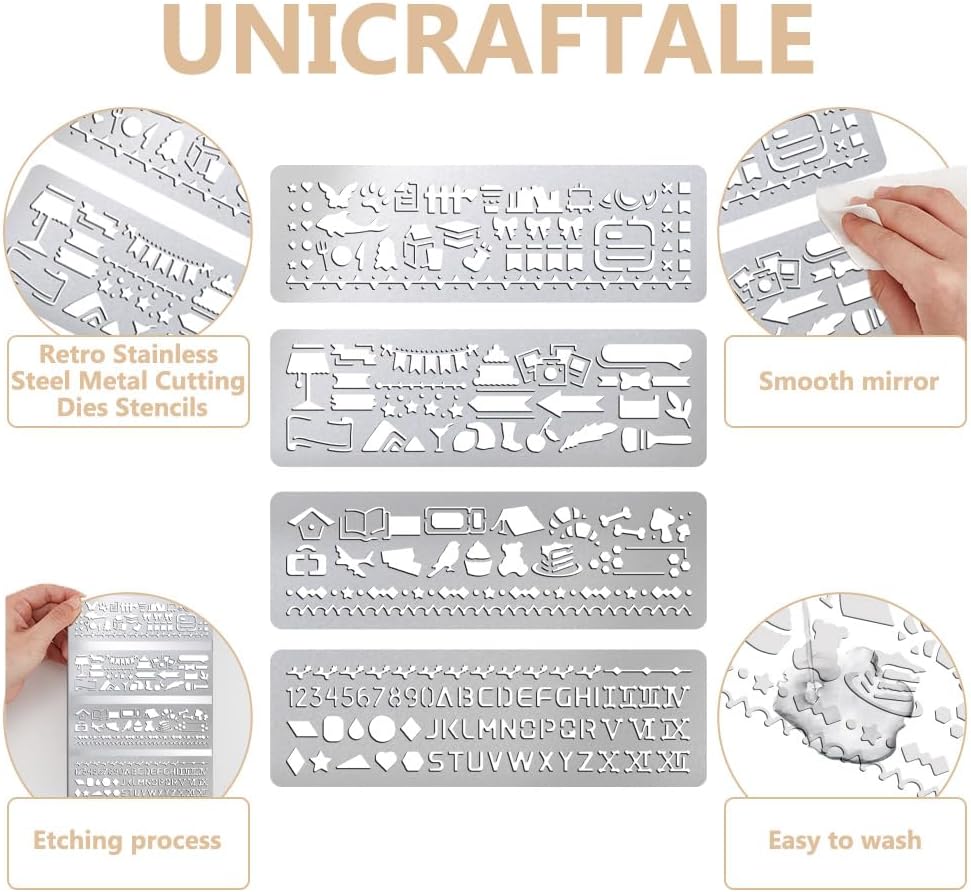 UNICRAFTALE 4Pcs Metal Stencils for Wood Burning Mixed Patterns Stencils Stainless Steel Reusable Templates Alphabet and Number Bookmark Ruler School Supplies for DIY Engraving Painting Scrapbooking