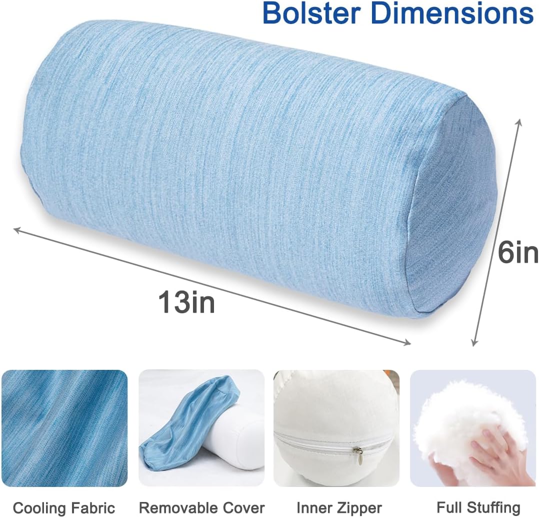 Round Cylinder Bolster Pillow with Removable Cooling Cover, Tube Roll Cervical Pillow for Head, Neck, Back and Legs Support, 13"x 6", Blue