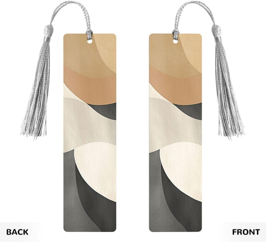 Geometric Waves Bookmarks Gifts for Women Men, Wooden Bookmarks for Book Lovers, Vintage Book Marks Ornaments with Tassel, Unique Personalized Reading Page Markers Gray