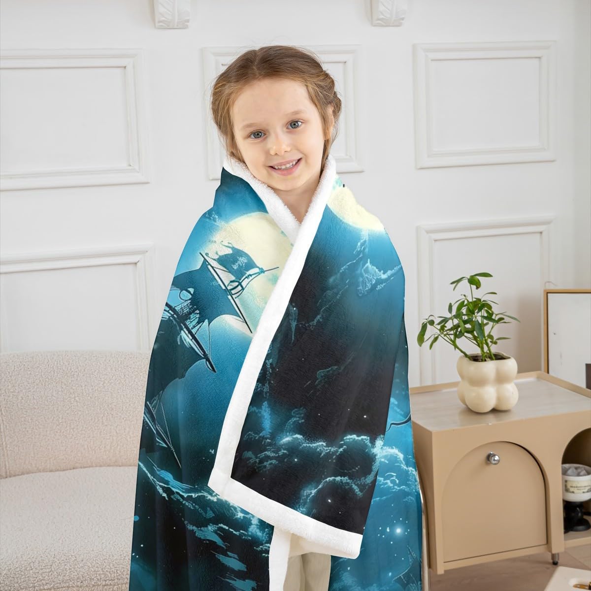 Pirate Skeleton Blanket,Nautical Adventure Throw Blankets for Kids Boys Girls,Modern Abstract Pirate Ship Super Soft Wrinkle Sherpa Blanket,Queen 90x90,Living Room Decor,Cozy,Plush,Lightweight