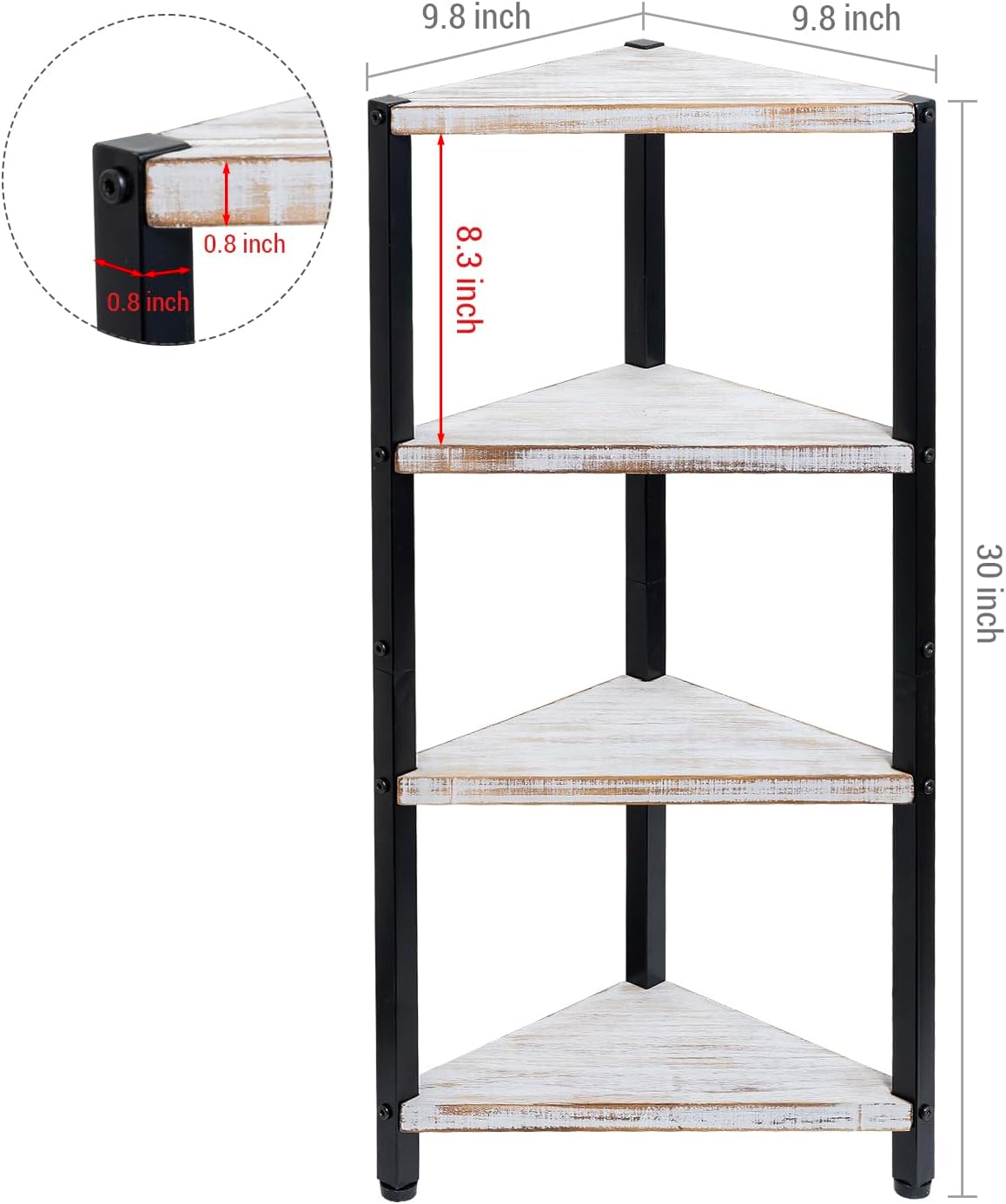MyGift 4 Tier Corner Shelf Stand, Bathroom Floor Shelf, Decorative Storage for Entryway, Freestanding Bookshelf Display, Shabby White Washed Solid Wood and Matte Black Metal