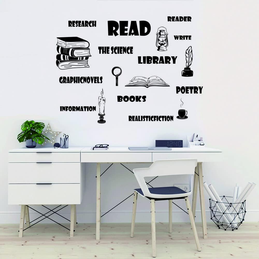 Reading & Learning Quotes Wall Sticker - PVC Removable Wall Art with Candle, Coffee, Pen & Lamp for Study, Classroom & Student Room Decor - 26"x36" Size (black-JWH275-reading)