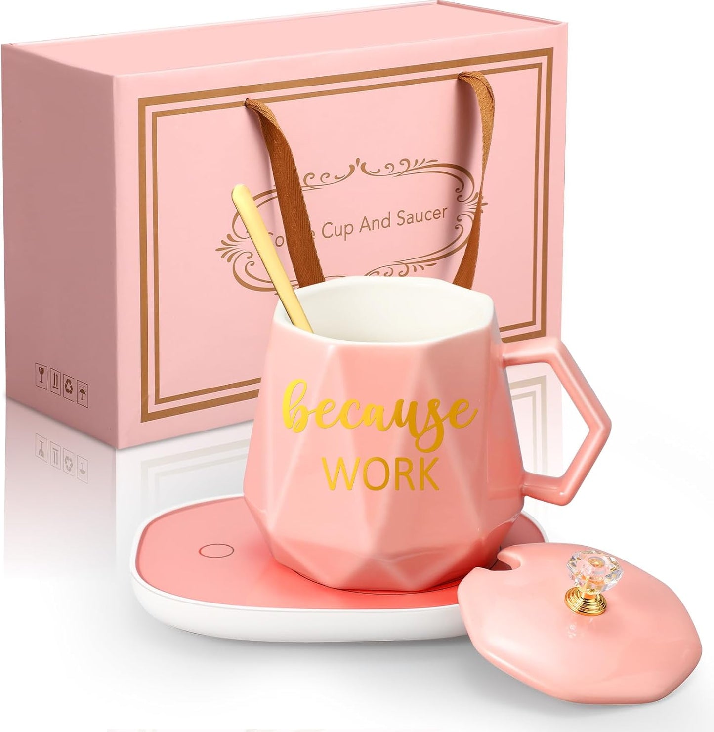 Hushee Christmas Lady Gift Coffee Mug Warmer for Women 13.5 oz Cup Warmer with Mug Set Electric Tea Water Warmers Appreciation Cup Heater with Lid Spoon and Coaster for Desk Office Home (Pink)