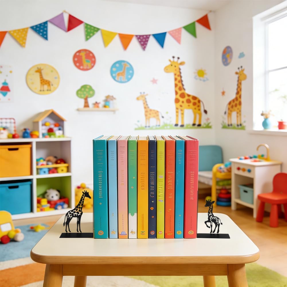 1 Pair Giraffe Bookends for Shelves,3D Foldable Giraffe Book Ends Decorative Bookends Organizer Metal Book Stands Journal Book Holder Book Stoppers for Women Girls Kids Gift Home School Library Decor