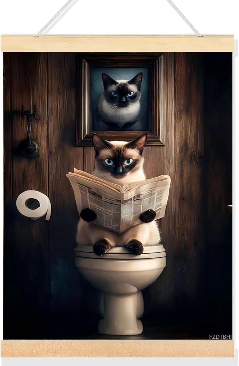 FZDTBHI Funny Bathroom Canvas Wall Art Prints Cute Siamese Cat Reading Newspaper on The Toilet Picture Animals Aesthetic Posters Trendy Painting for Living Room Bathroom Decor 12x16inch Framed