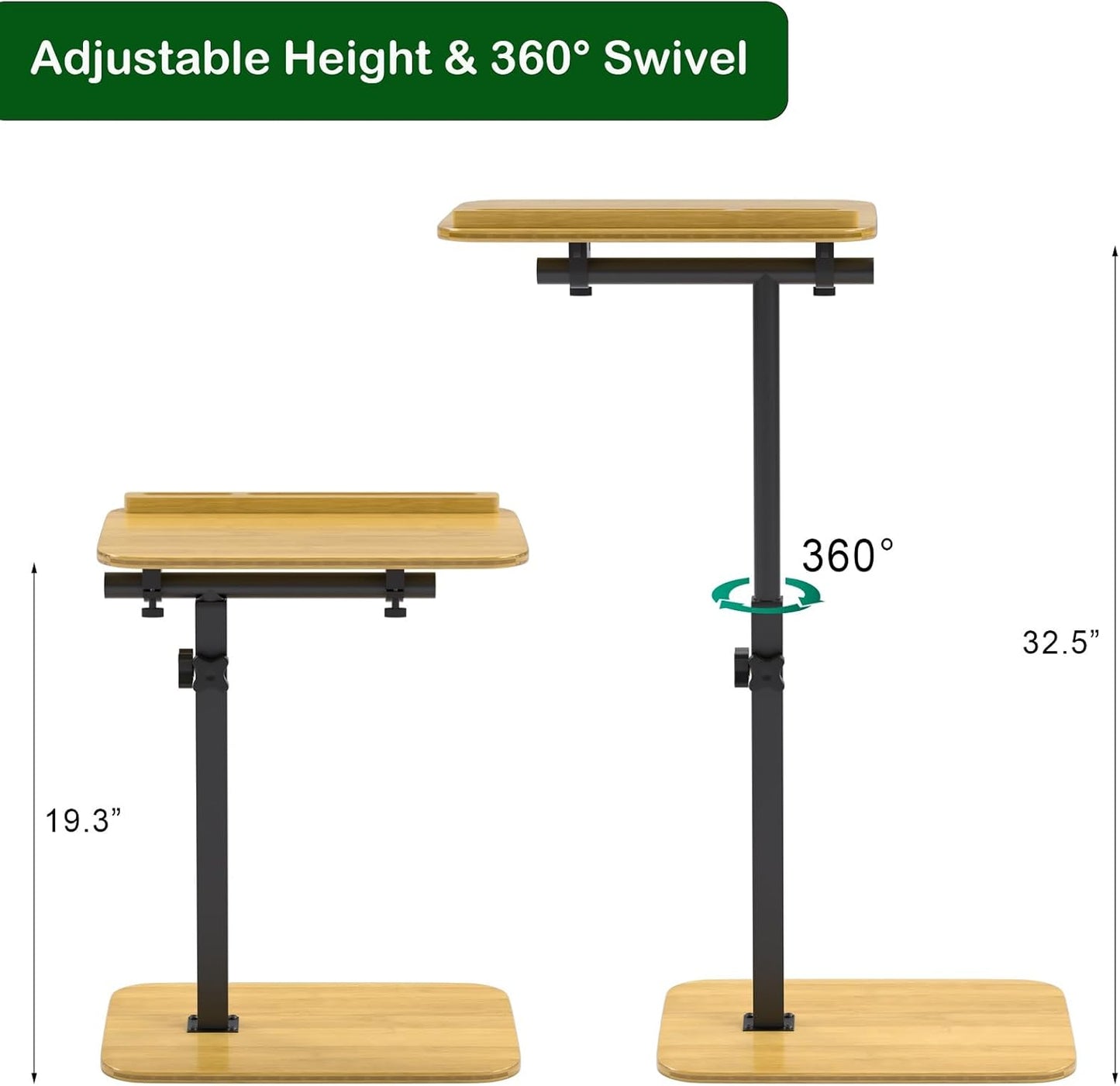 TV Tray Side Table for Couch - Set of 2 Adjustable Height Rotating C Table End Table Laptop Desk for Sofa, Perfect for Eating Working Reading, Fits Small Spaces