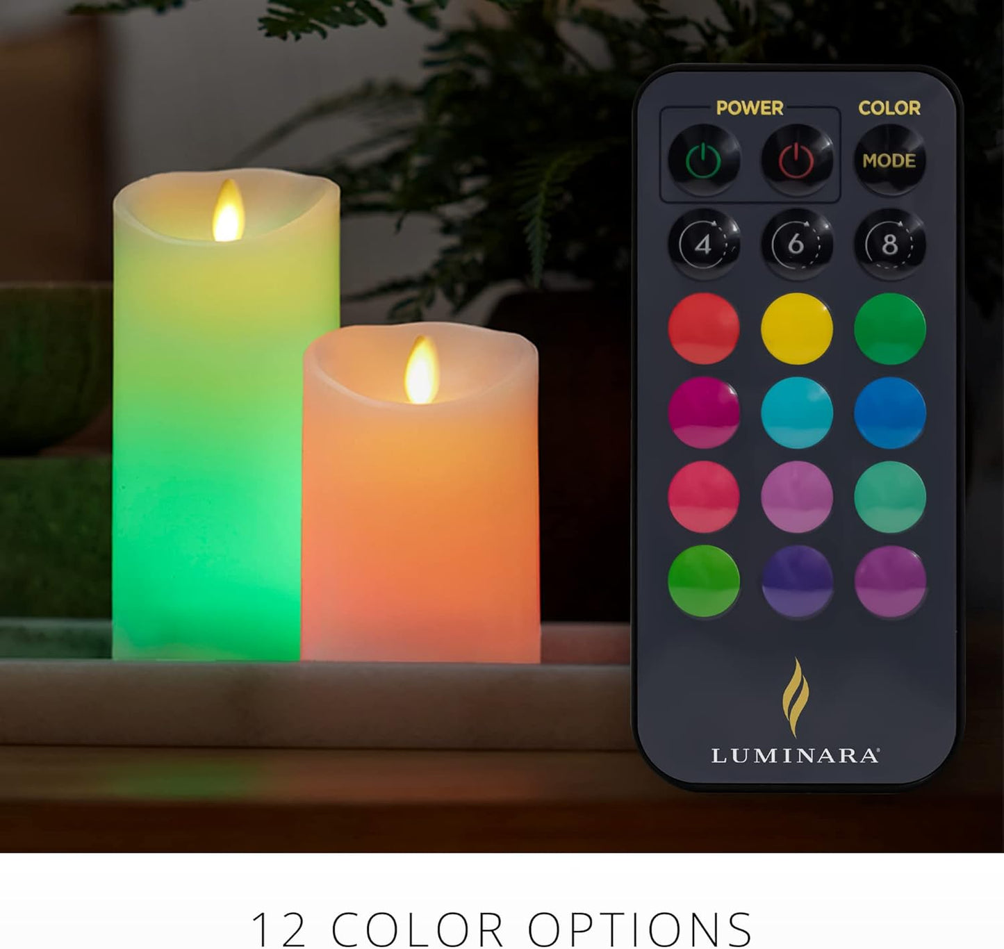 Luminara Flameless Color Changing LED Candle 3" x 4.5", Real Wax Moving Flame, Battery Operated with 18 Button Remote, Unscented Safe